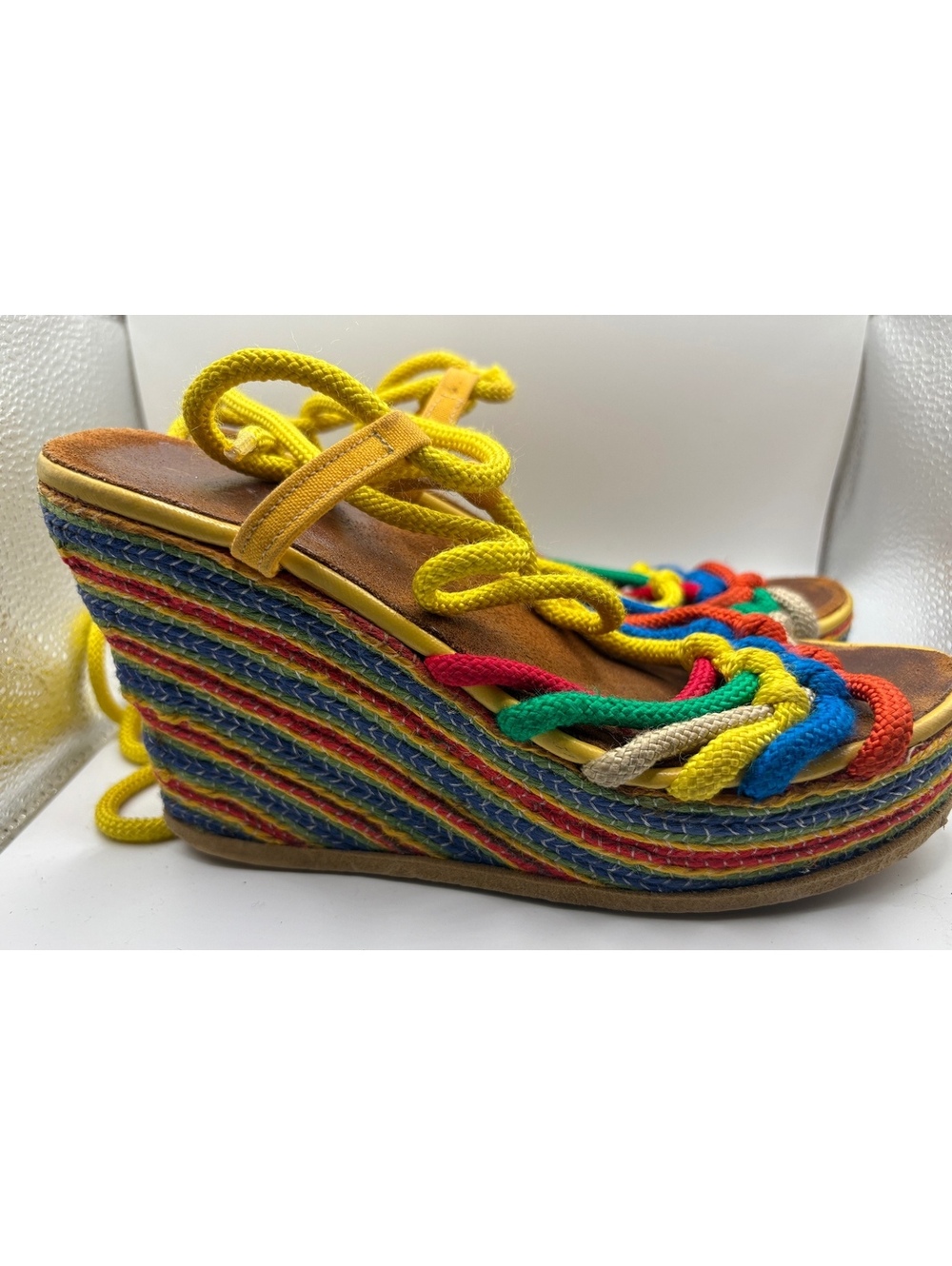 Vintage Sbicca Multi-Color Woven Rope Platform Wedge Sandals Size 6 Ankle Tie